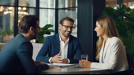 Photo of smiling and chatting with colleagues in an office