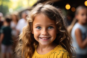 Obraz premium Blissful Curly Blond Girl Embracing the Vibrant City Street in her Cheerful Portrait