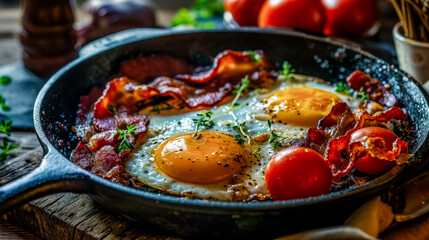 Fried Egg Breakfast in a Cast Iron Pan with Plenty of Side Dishes Brainstorming Wallpaper Background Cover Card Magazine Cook Art Digital Art