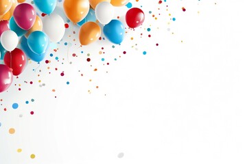 Happy Birthday-themed balloons and confetti on a solid white background, setting a festive mood.