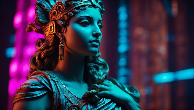 Female sculpture of the goddess of Ancient Greece on a neon background. Bright colors and glare from the light. Renaissance statue. The architecture of antiquity.