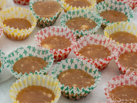 Closeup of Swedish butterscotch, or toffee, or kn&auml;ck in Swedish, served in traditional small containers.
