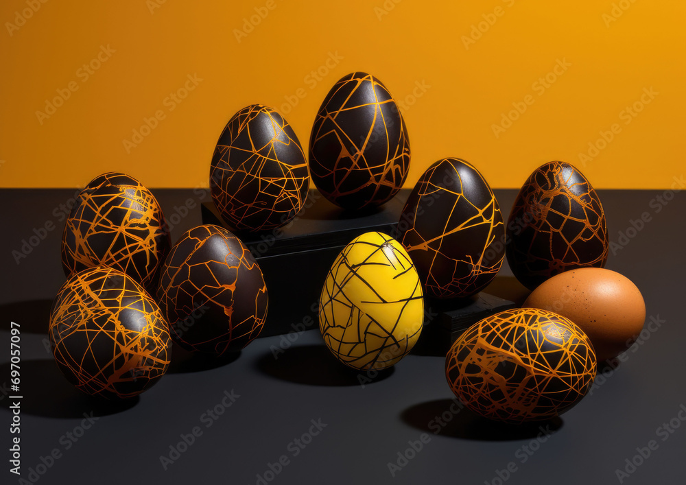 Wall mural chocolate easter eggs on a yellow background