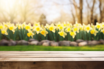 Wooden empty board with blooming yellow Daffodil spring flowers in background