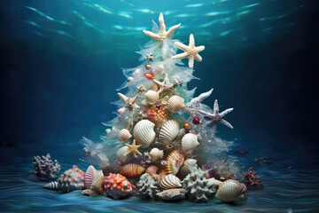 Underwater Christmas Tree with Seashell Ornaments and Oceanic Radiance, Aquatic Elegance, and Maritime Celebration