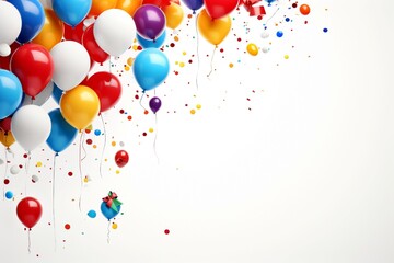 Happy Birthday balloons and confetti scattered on a white backdrop, creating a celebratory ambiance.