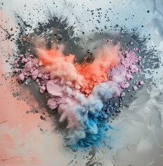 Vibrant, abstract heart shape created by an explosive collision of colorful paint splatters against a white canvas