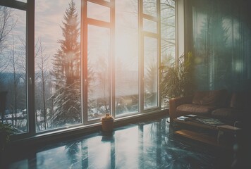 Peaceful interior of a home with natural light pouring in through the windows during a beautiful sunset
