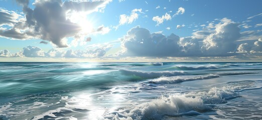 Stunning ocean waves illuminated by sunlight with puffy white clouds in the sky