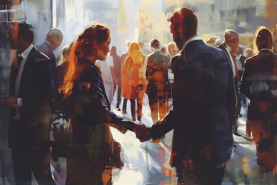 Artistic illustration showcasing a business deal with two professionals shaking hands amidst a crowd in an abstract, colorful style