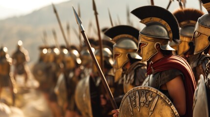 Group of roman legionnaires in full armor formation, readying for battle in an open field - obrazy, fototapety, plakaty