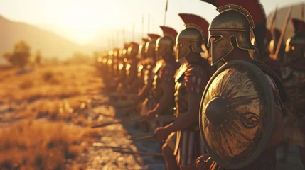 Fotobehang A stunning lineup of spartan warriors in full armor at sunset, showcasing historical military formation © mockupzord