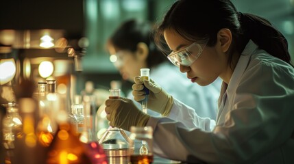 A female scientist in a lab coat conducting research with high precision in a laboratory environment