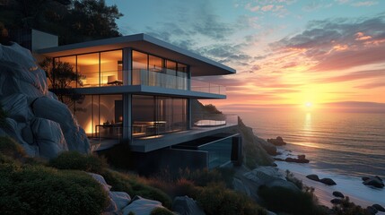 Modern villa with panoramic sunset views over the ocean, situated on a rocky coastline - obrazy, fototapety, plakaty