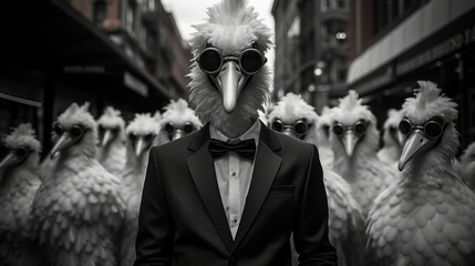 Surreal Elegance: Avian Masquerade in Monochrome