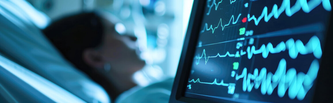 Hospital electrocardiogram, critical care and icu patient with doctor tech in a clinic. Blurred background, heart rate monitor and healthcare technology screen with cardiology and blurred background