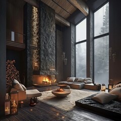 Fototapeta premium Modern interior design featuring a cozy fireplace in a luxurious mountain retreat with large windows