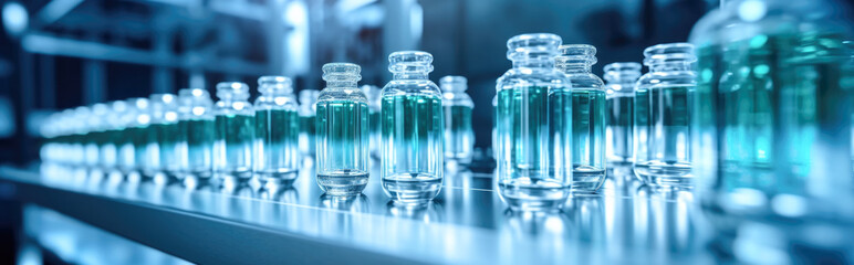 Medical vials bottles at the production line at a pharmaceutical factory. Pharmaceutical industry background.