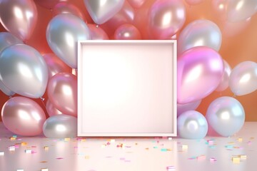 Holographic-style balloons and confetti forming a shimmering, iridescent elegant frame. Empty blank label cardboard Box word. Glowing, iridescent solid background.
