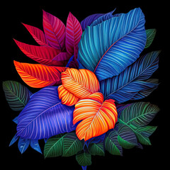 illustration of a bouquet of exotic purple, blue and orange leaves on a black background, generation ai