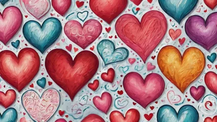 Foto op Plexiglas Love heart seamless pattern illustration. Trendy hand-drawn doodle seamless pattern with hearts. Valentine's day holiday backdrop texture.Created with Generative Ai technology © Grigoriy