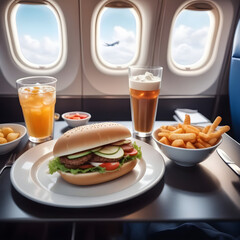 Airplane inside with a food and drinks on the table.