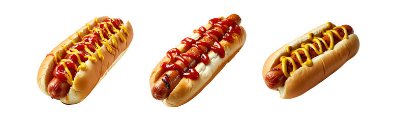 Set of Three Flavorful Hot Dogs: Indulge in a Hot Dog with Ketchup, Another with Mustard, and a Third with the Perfect Blend of Ketchup and Mustard, Isolated on Transparent Background, PNG - Powered by Adobe