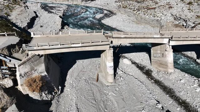 A Drone UAV View of a Bridge that Collapsed due to a Tropical Storm and Run Off with Erosion over a River