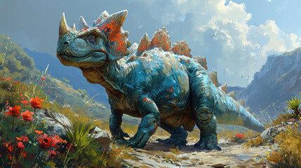 Ankylosaurus Dinosaur in a whimsical and colorful style. In natural habitat. Jurassic Park.