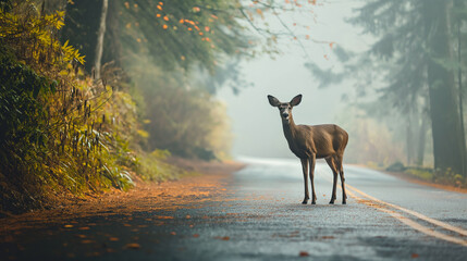 Deer standing on the road near the forest on a misty, foggy morning