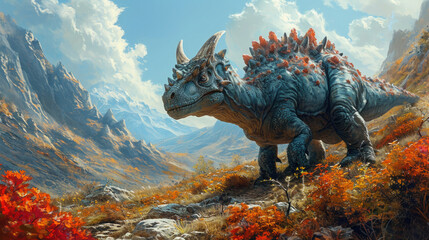 Ankylosaurus Dinosaur in a whimsical and colorful style. In natural habitat. Jurassic Park.
