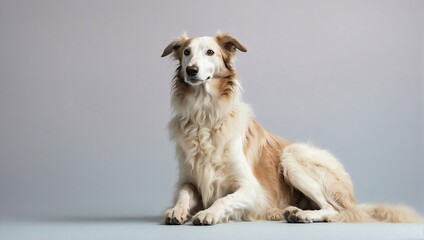 Regal Borzoi dog seated, displaying a luxurious cream coat, with a noble demeanor against a muted grey background in a minimalist photography studio.