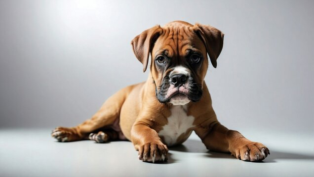 Boxer puppy sprawled out, with soulful eyes and a tan coat marked with white, in a minimalist studio setting on a grey surface.