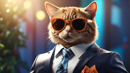 kot w garniturze i okularach przeciwsłonecznych - obrazy, fototapety, plakaty