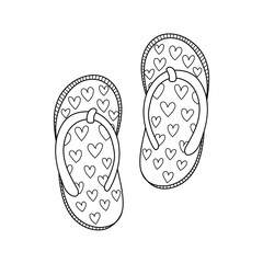 Doodle flip flop shoes coloring page. Pair of summer slippers print. Hand drawn shoes in outline. Vector illustration - obrazy, fototapety, plakaty