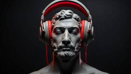 Czasoprzestrzeń Dźwięku: Słuchawki na antycznej rzeźbie - obrazy, fototapety, plakaty