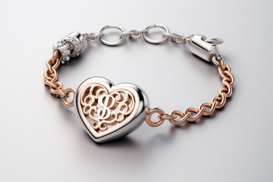 A mockup of a heart-shaped charm bracelet with engraved initials, representing a personalized and meaningful gift. Generative Ai.