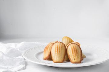 vanilla madeleines on a white plate, plain french vanilla madeleine cake or cookie - obrazy, fototapety, plakaty