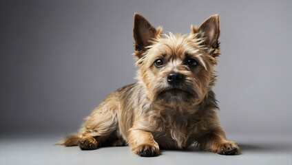 Cairn Terrier dog sitting in a studio, displaying its wiry tan coat, pointed ears, and attentive look, on a simple gray background. - Powered by Adobe