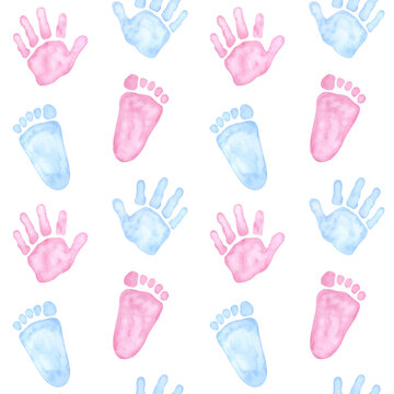 Seamless pattern little pink blue palm, handprint, footprint. Baby shower, gender reveal party, design invitation. Boy or girl. Hand drawn watercolor illustration white background.
