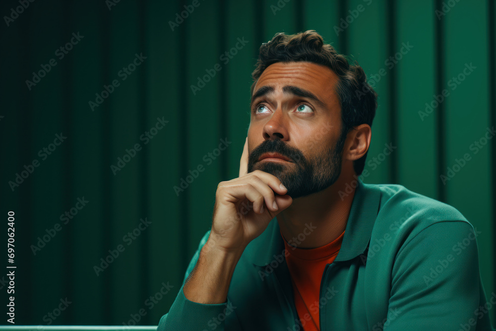 Poster a man in deep thought, set against a green screen, representing the introspective nature of personal