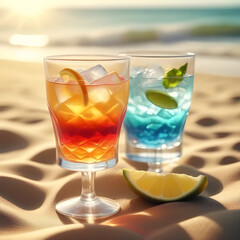 Beautiful colorful glasses of drinks lying on the beach in the sunlight