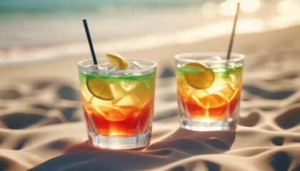 Beautiful colorful glasses of drinks lying on the beach in the sunlight