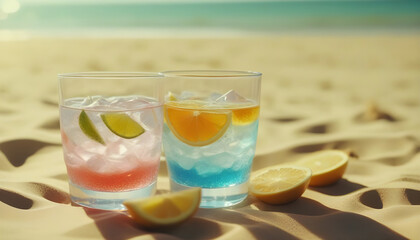 Beautiful colorful glasses of drinks lying on the beach in the sunlight