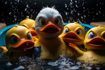 A group of rubber ducks dressed as superheroes, ready to save the bathtub from boredom. Generative Ai. - Powered by Adobe