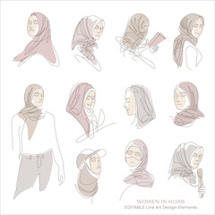 Women in hijab, Set of Muslim Arabian line art illustrations for fashion or business. Pastel blush pink colors - 697063060