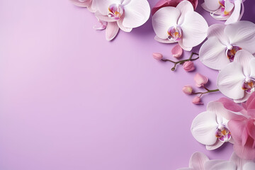 Graceful orchids and greeting card on lilac background, copy space