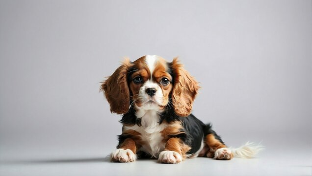 Cavalier King Charles Spaniel puppy lying down in a photography studio, displaying its glossy black and tan coat, floppy ears, and soulful eyes, against a smooth gray background.