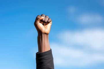 Activist Hand rising against sky during march with copy space. Concept of black history month celebration