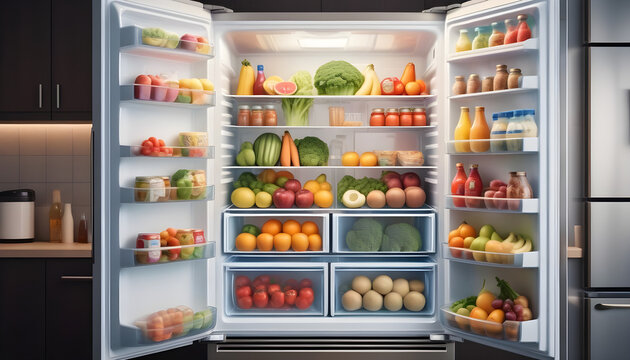 double door an open refrigerator filled with lots of different types of food and drinks in it's door, with a shelf full of fruits and vegetables